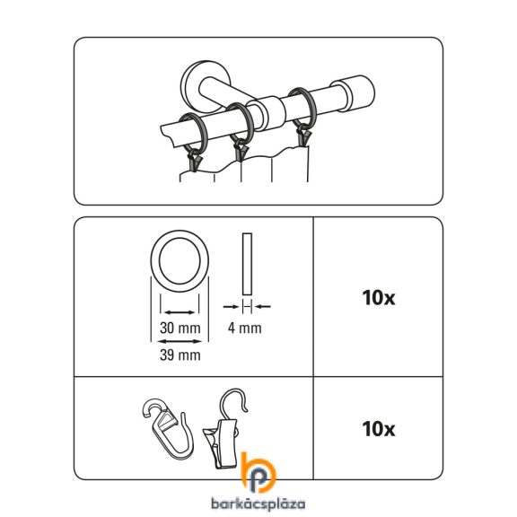 Függönykarika halk 19 mm Kira 10 db/csomag több szín